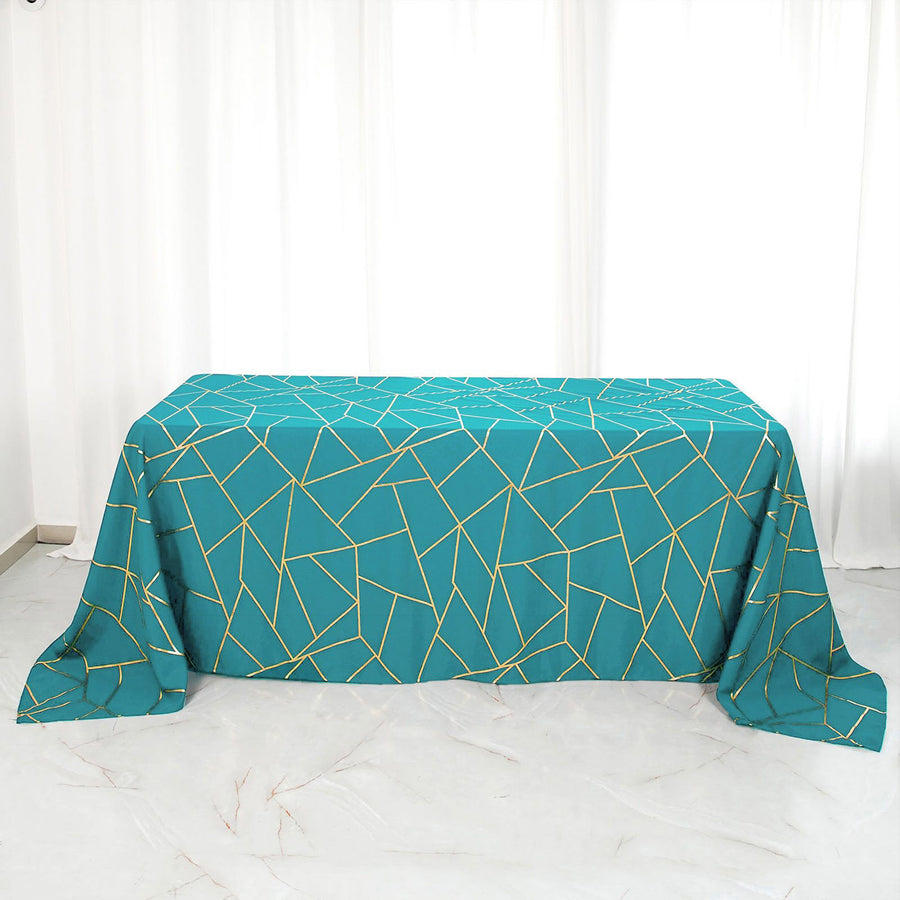 90 Inch x 132 Inch Peacock Teal Rectangle Polyester Tablecloth with Gold Foil Geometric Pattern