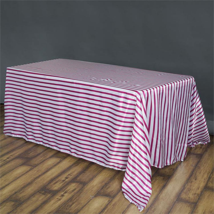 90"x132" White/Fuchsia Stripe Satin Tablecloth#whtbkgd