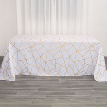 90 Inch x 132 Inch White Polyester Tablecloth With Gold Foil Geometric Pattern
