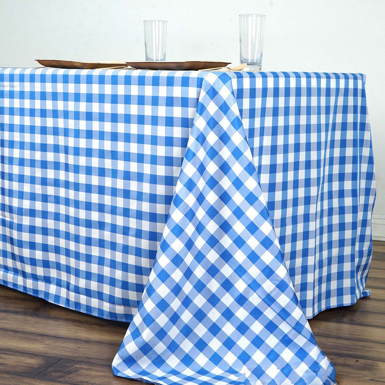 Rectangular Checkered Polyester Linen Tablecloth In White & Blue Buffalo Plaid 90 Inch x 156 Inch