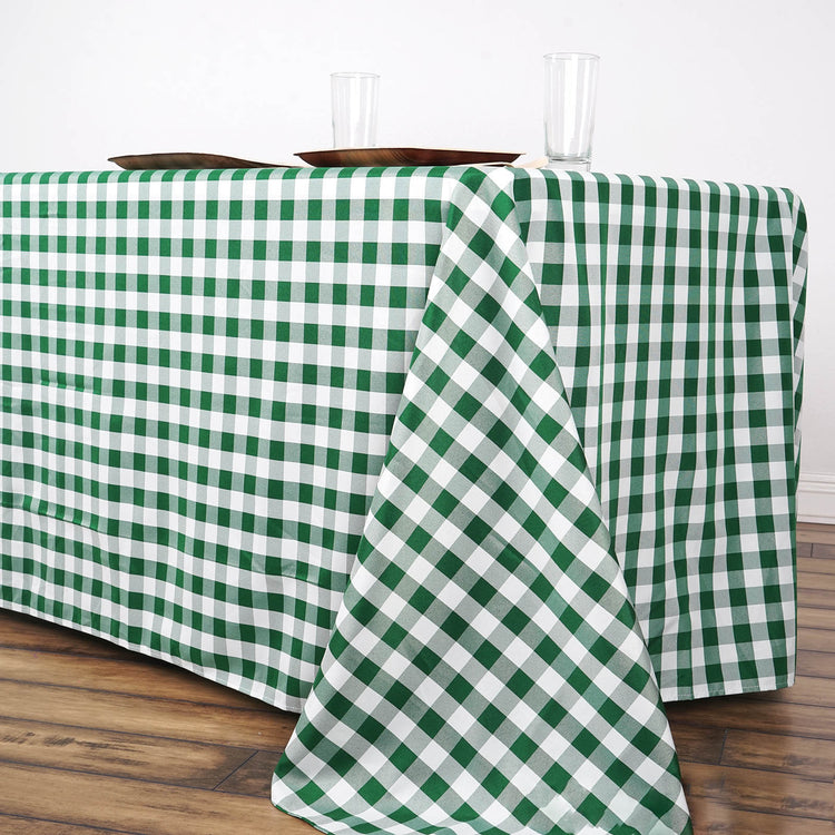 90 Inch x 156 Inch Buffalo Plaid Tablecloths In White & Green Checkered Rectangular Polyester Linen