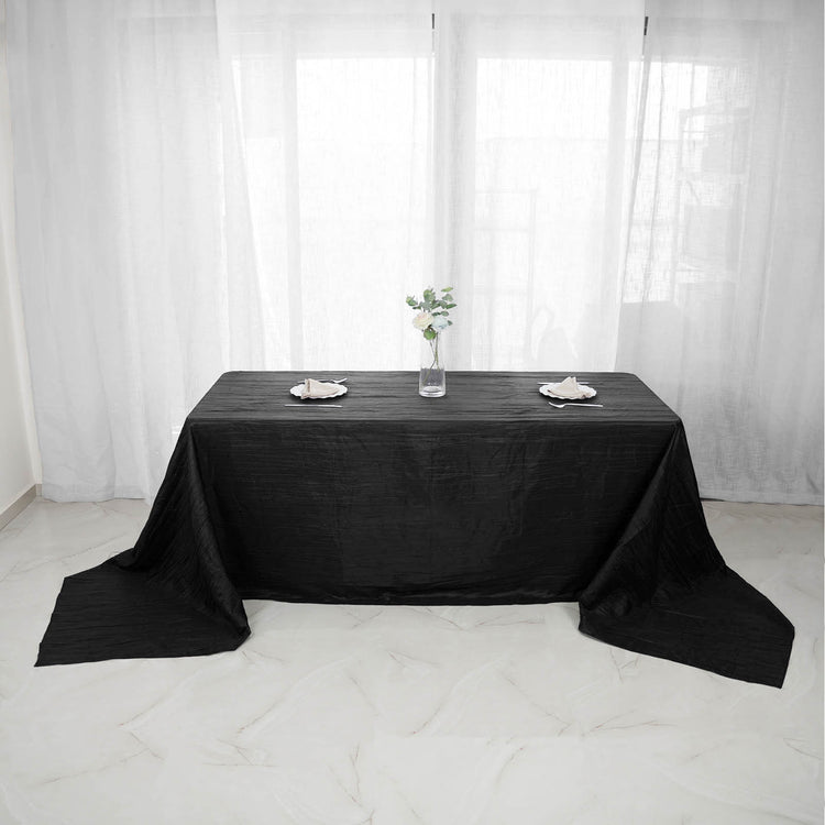 Black Accordion Crinkle Taffeta Fabric Rectangular Tablecloth 90 Inch x 156 Inch