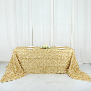 Elegant Champagne Seamless Grandiose Rosette 3D Satin Rectangle Tablecloth 90"x156"