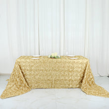 90" x 156" Champagne Grandiose Rosette 3D Satin Rectangle Tablecloth