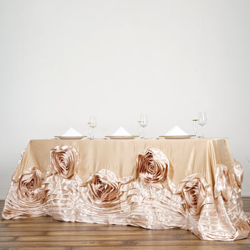 90"x156" Champagne Seamless Large Rosette Rectangular Lamour Satin Tablecloth