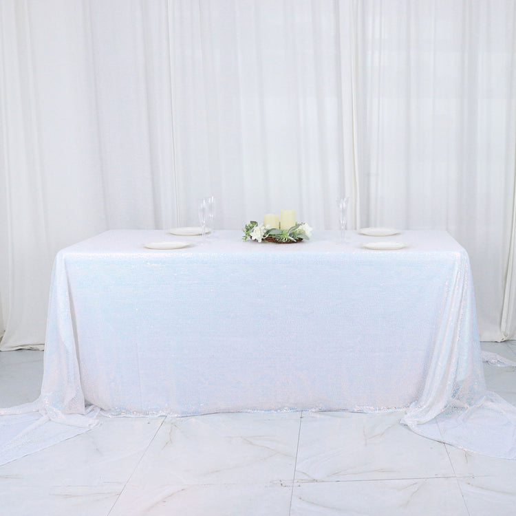 90 Inch x 156 Inch Iridescent Blue Sequin Rectangle Tablecloth