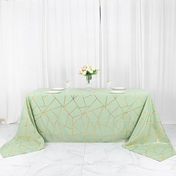 Sage Green Seamless Rectangle Polyester Tablecloth With Gold Foil Geometric Pattern 90"x156" for 8 Foot Table With Floor-Length Drop