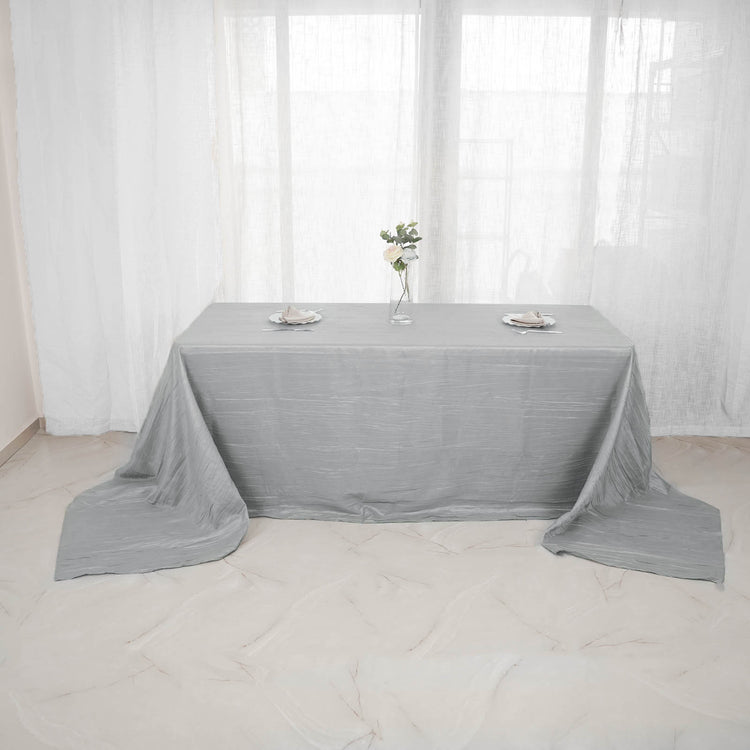 90 Inch x 156 Inch Silver Accordion Crinkle Taffeta Fabric Rectangular Tablecloth