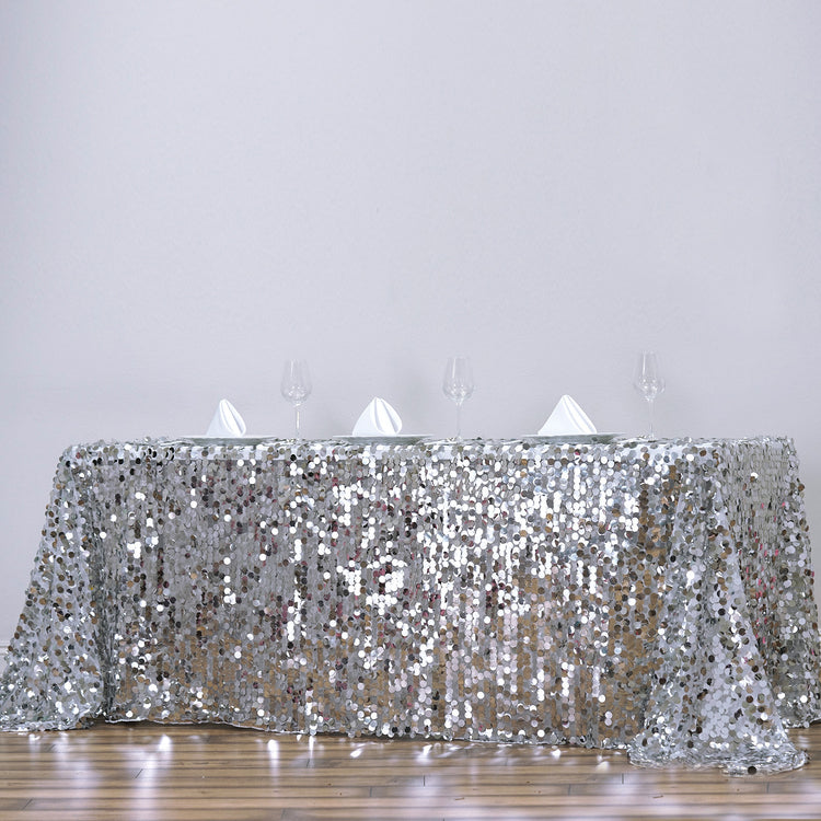 Premium Silver Big Payette Sequin Tablecloth 90 Inch x 156 Inch Rectangle