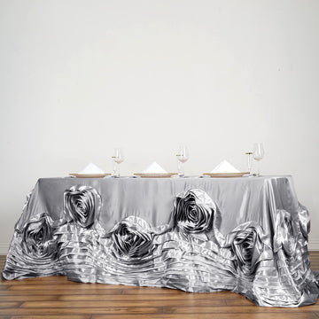 90"x156" Silver Seamless Large Rosette Rectangular Lamour Satin Tablecloth