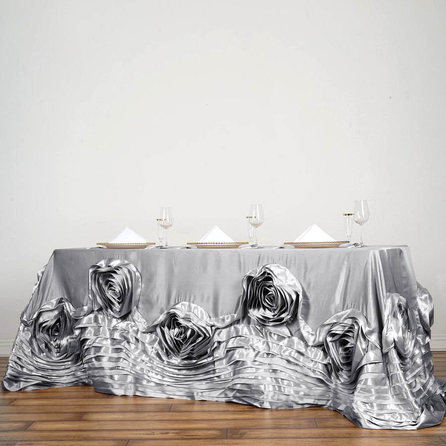 90"x156" Silver Large Rosette Rectangular Lamour Satin Tablecloth