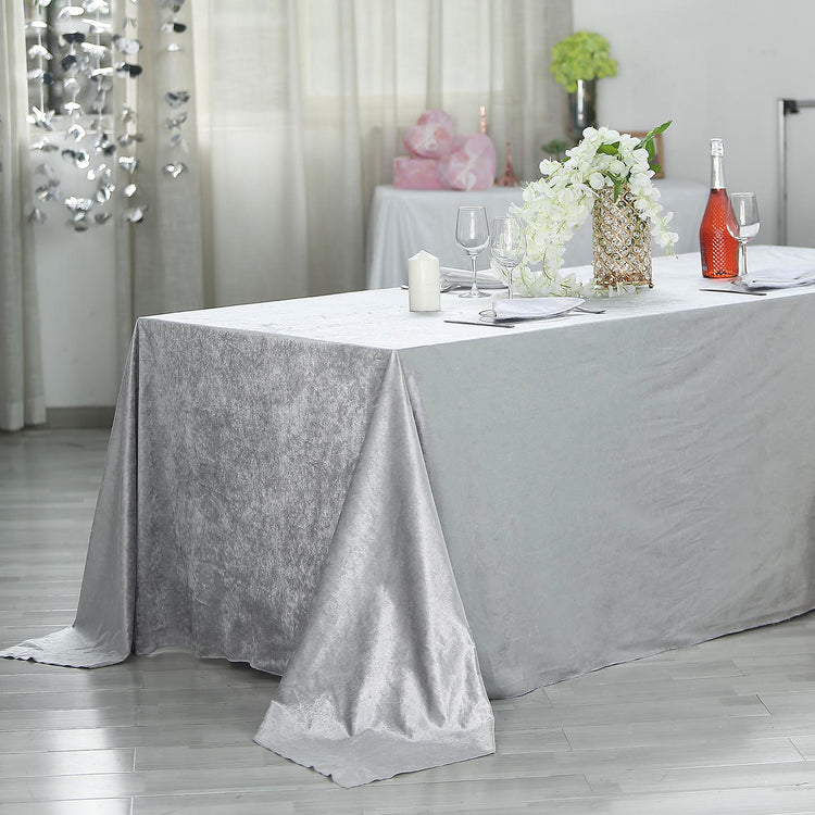 90 Inch x 156 Inch Silver Seamless Linen Reusable Premium Velvet Rectangle Tablecloth 