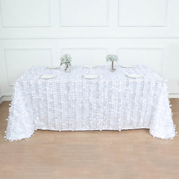 90"x156" White 3D Leaf Petal Taffeta Fabric Seamless Rectangle Tablecloth