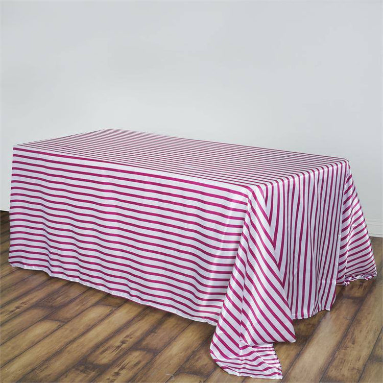 90"x156" White/Fuchsia Stripe Satin Rectangle Tablecloth#whtbkgd