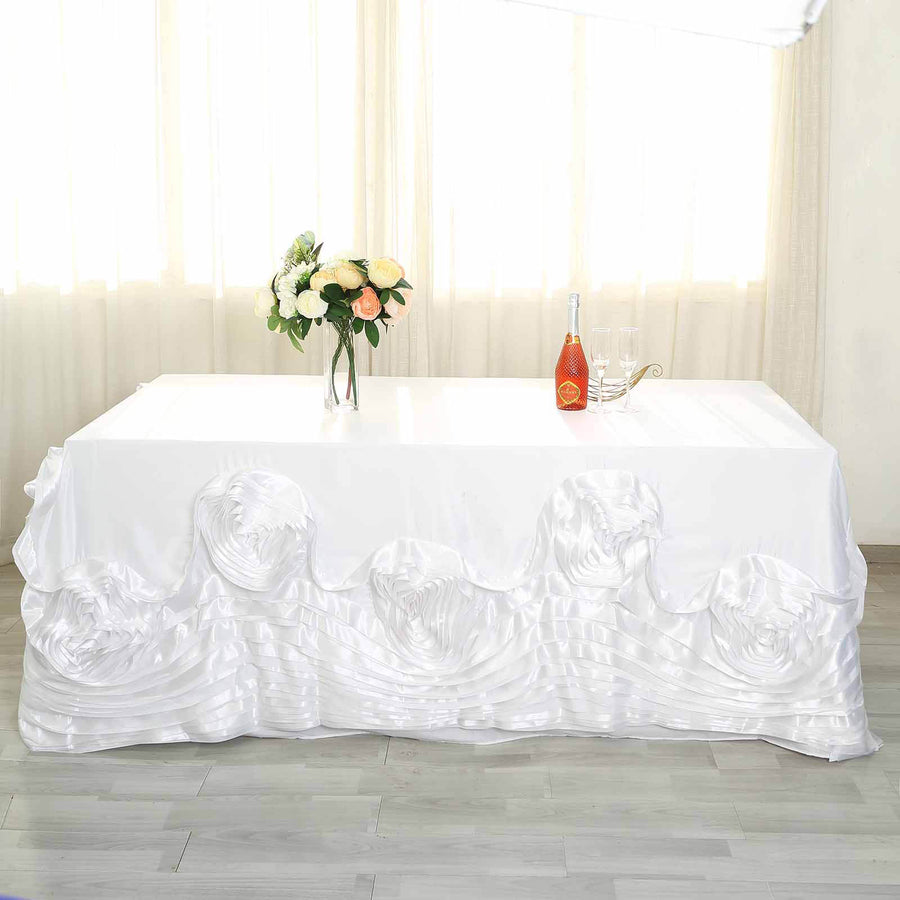 90 Inch x 156 Inch White Large Rosette Lamour Satin Rectangular Tablecloth