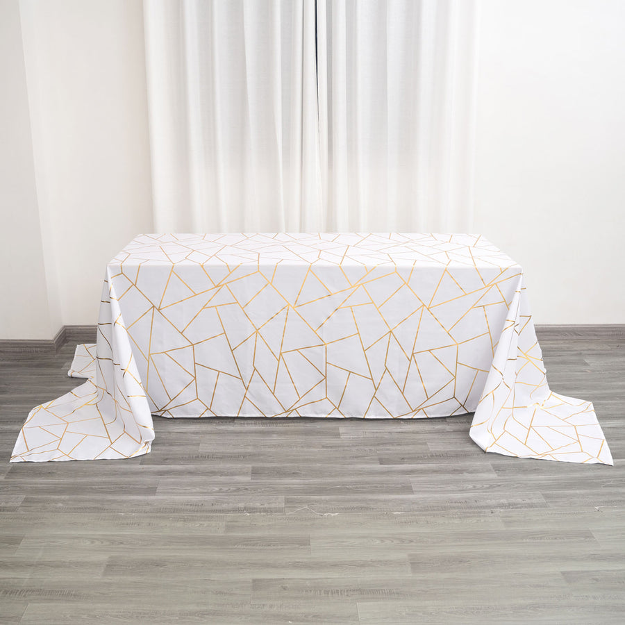 White Polyester Rectangle Tablecloth With Gold Foil Geometric Pattern 90 Inch x 156 Inch 