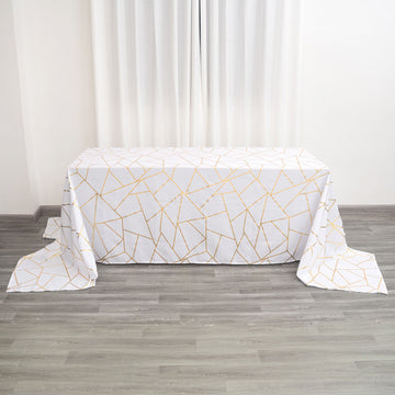 White Seamless Rectangle Polyester Tablecloth With Gold Foil Geometric Pattern 90"x156"