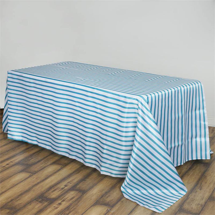 90x156" Stripe Wholesale SATIN Banquet Linen Wedding Party Restaurant Tablecloth - White/Turquoise#whtbkgd