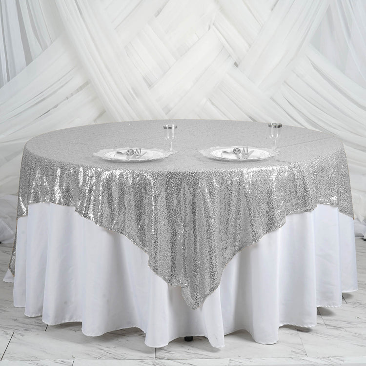 90 Inch x 90 Inch Silver Premium Sequin Square Sparkly Table Overlay