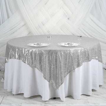 Silver Premium Sequin Square Table Overlay: Add Glamour to Your Event Decor