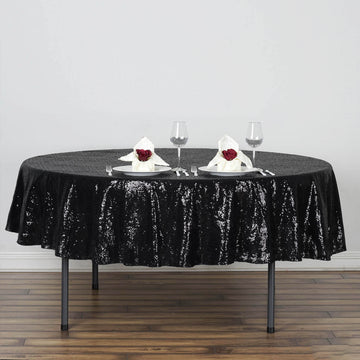 90" Black Seamless Premium Sequin Round Tablecloth