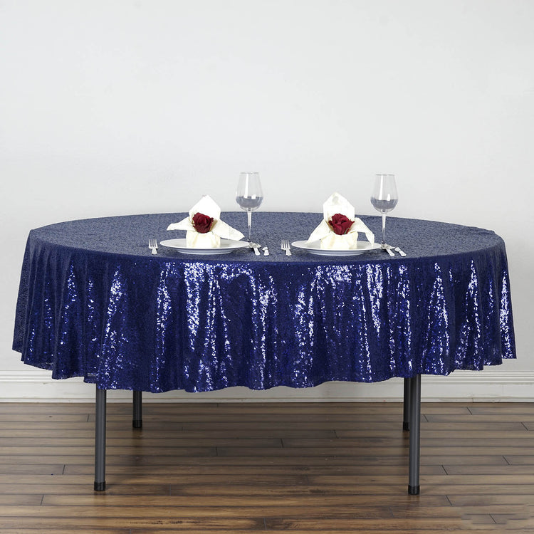 90" Navy Blue Premium Sequin Tablecloth, Round Glitter Table Cloth