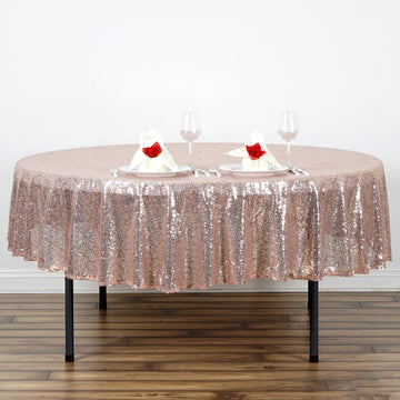 Elevate Your Event Decor with the Rose Gold Seamless Premium Sequin Round Tablecloth 90"