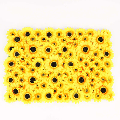 Yellow artificial sunflowers arranged in a vibrant display.