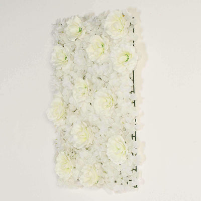 White floral wall panel with roses and hydrangeas on a white backdrop.