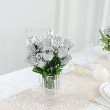 Elegant Silver Artificial Premium Silk Flower Rose Bud Bouquets