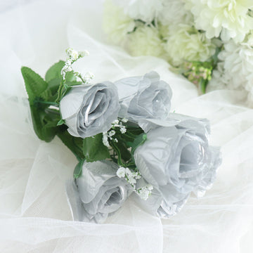 Transform Your Home Decor with Silver Artificial Premium Silk Flower Rose Bud Bouquets