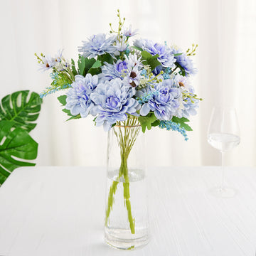 Add Elegance to Your Space with Dusty Blue Artificial Silk Dahlia Flower Bouquet Spray