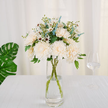 Add a Touch of Elegance to Your Décor with Ivory/Blue Artificial Silk Dahlia Flower Bouquet Spray