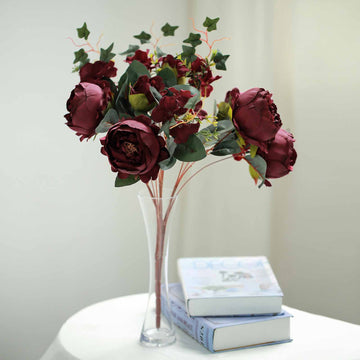 Add Elegance to Your Décor with the Bush Burgundy Artificial Silk Peony, Rose, and Hydrangea Flower Bouquet
