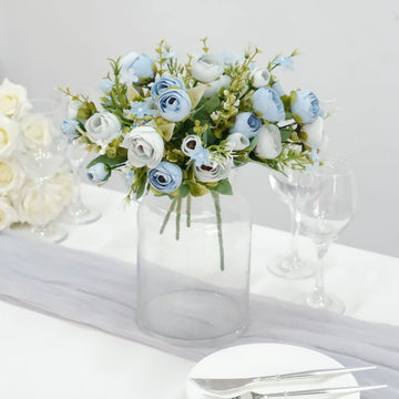 Elegant Dusty Blue Mini Ranunculus Silk Flower Arrangements