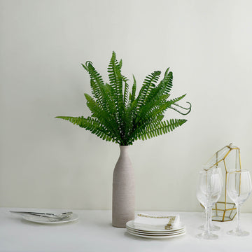 Versatile and Natural: 2 Stems Green Artificial Boston Fern Leaf Plant Indoor Faux Spray 18"
