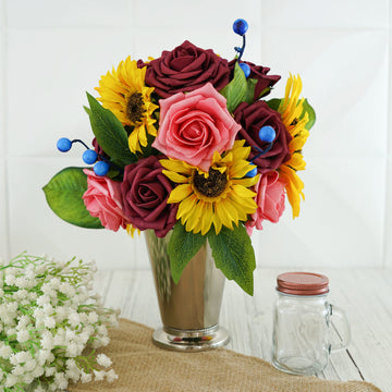 Transform Your Event with Burgundy/Pink Artificial Rose, Silk Sunflower, and Blueberry Stems Mix Flower Box