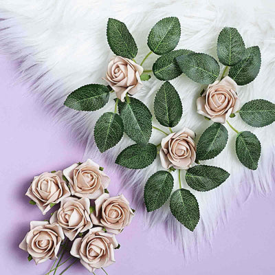 Artificial beige roses with green leaves on a soft purple background.