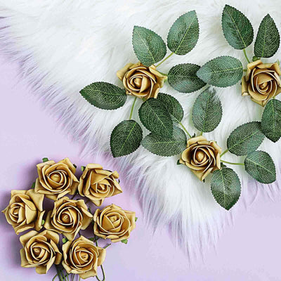 Artificial golden roses with green leaves on a soft fur background.