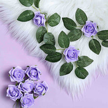 2 Inch Lavender Foam Flowers with Flexible Stem and Leaves 24 Roses