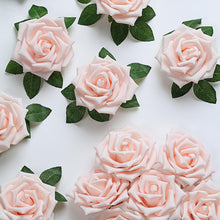 Rose Gold Blush Foam Flowers with Flexible Stem 5 Inch and Artificial Leaves 24 Roses