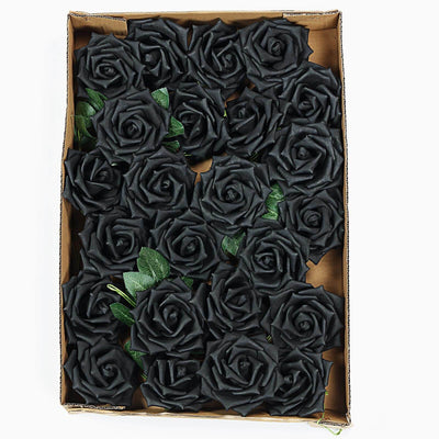 Black foam roses in a cardboard box, ideal for crafts and decor.