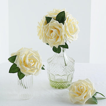 Cream Artificial Foam Flowers With Stem Wire and Leaves - Lifelike Beauty for Any Occasion