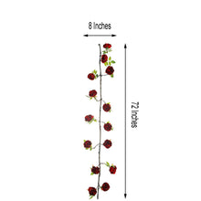 A handcrafted silk burgundy peony floral garland with measurements of 8 inches and 72 inches