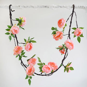 Pink Artificial Silk Peony Hanging Flower Garland, Faux Vine 6ft