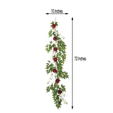 Silk burgundy flower garland with green leaves, measuring 10 inches and 72 inches - ideal floral backdrop décor and floral garlands