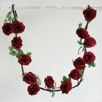 Burgundy Artificial Silk Rose Hanging Flower Garland, Faux Vine 6ft