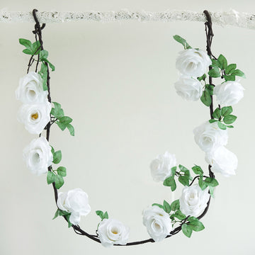 White Artificial Silk Rose Hanging Flower Garland, Faux Vine 6ft