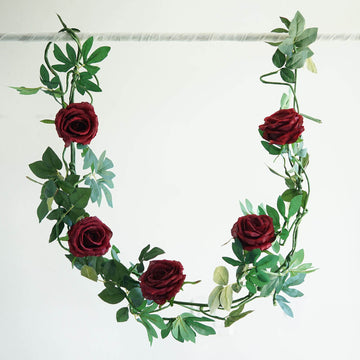 Add a Touch of Elegance with the Burgundy Real Touch Artificial Rose and Leaf Flower Garland Vine 6ft