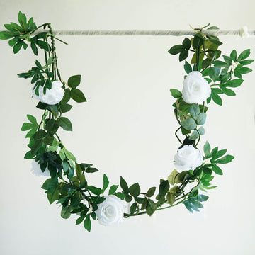 Elegant White Real Touch Artificial Rose and Leaf Flower Garland Vine 6ft